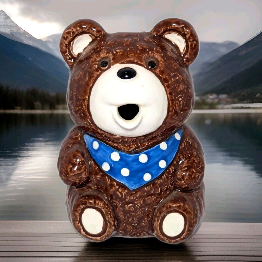 Otagiri Bear Creamer Vintage 1983 Japan Ceramic Brown Blue Polka Dot Bandana 5x3